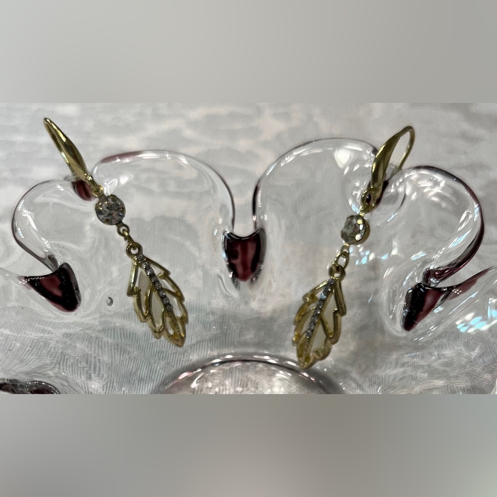 Gold Leaf Dangle Wire Earrings with Rhinestones in Filigree Setting - Picture 3 of 5